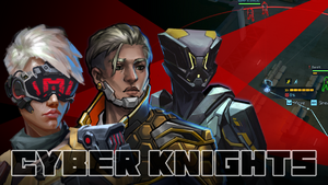 Key art for Cyber Knights: Flashpoint. Concept art of three cyberpunk characters overlaid on a screenshot of the 3rd-person squad tactics heist RPG.